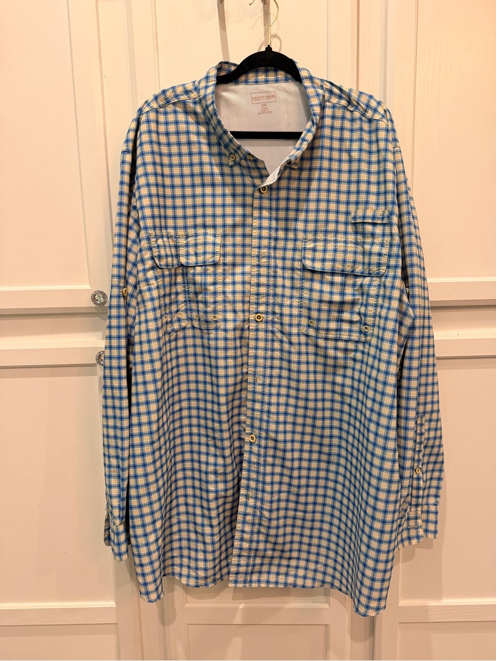 Size 4XLT Men's Long-Sleeve Blue and White Check Shirt